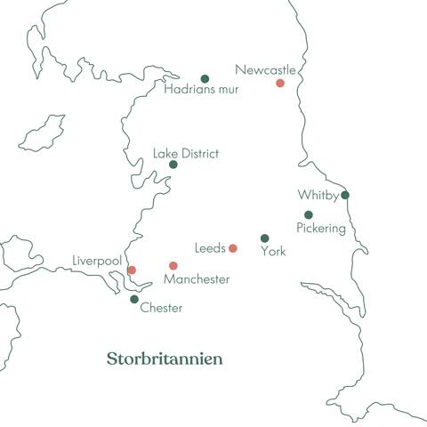 Kort over rejsen På opdagelse i Nordengland med Vitus Rejser.