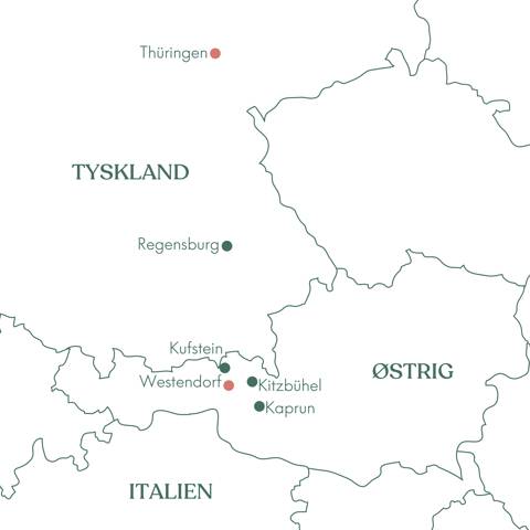 Rutekort over Østrig og rejsen til Westendorf og Almabtrieb med Vitus Rejser.
