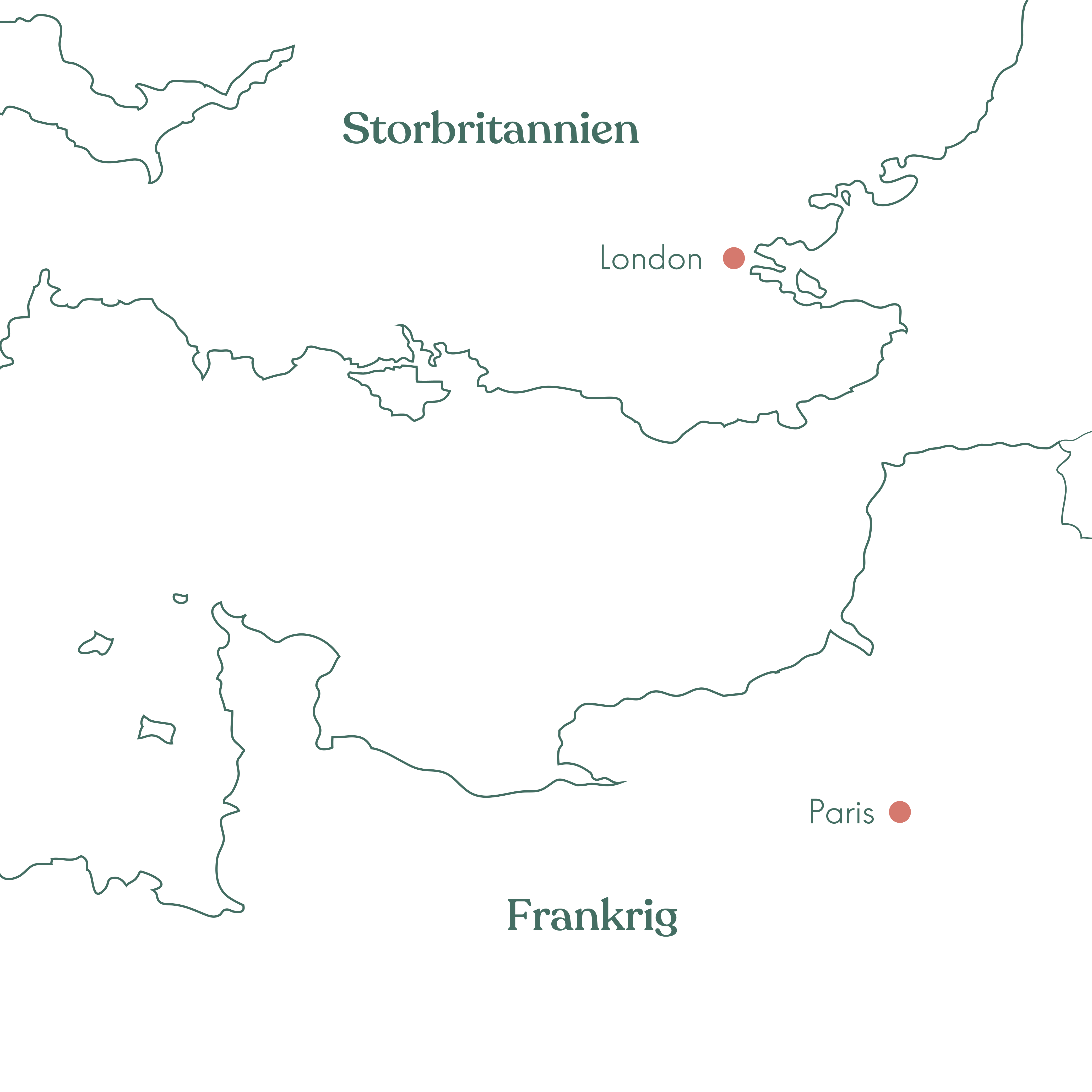 Rutekort over rejsen til London og Paris med Vitus Rejser. 