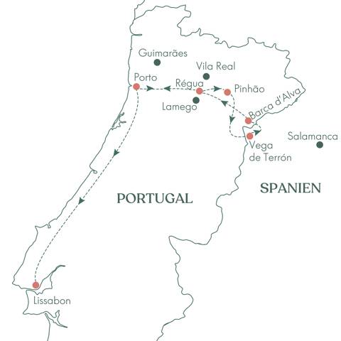 Ruteplan for rejsen Vitus' Douro · Portugals portvinsrute med 5-stjernet skib med Vitus Rejser.