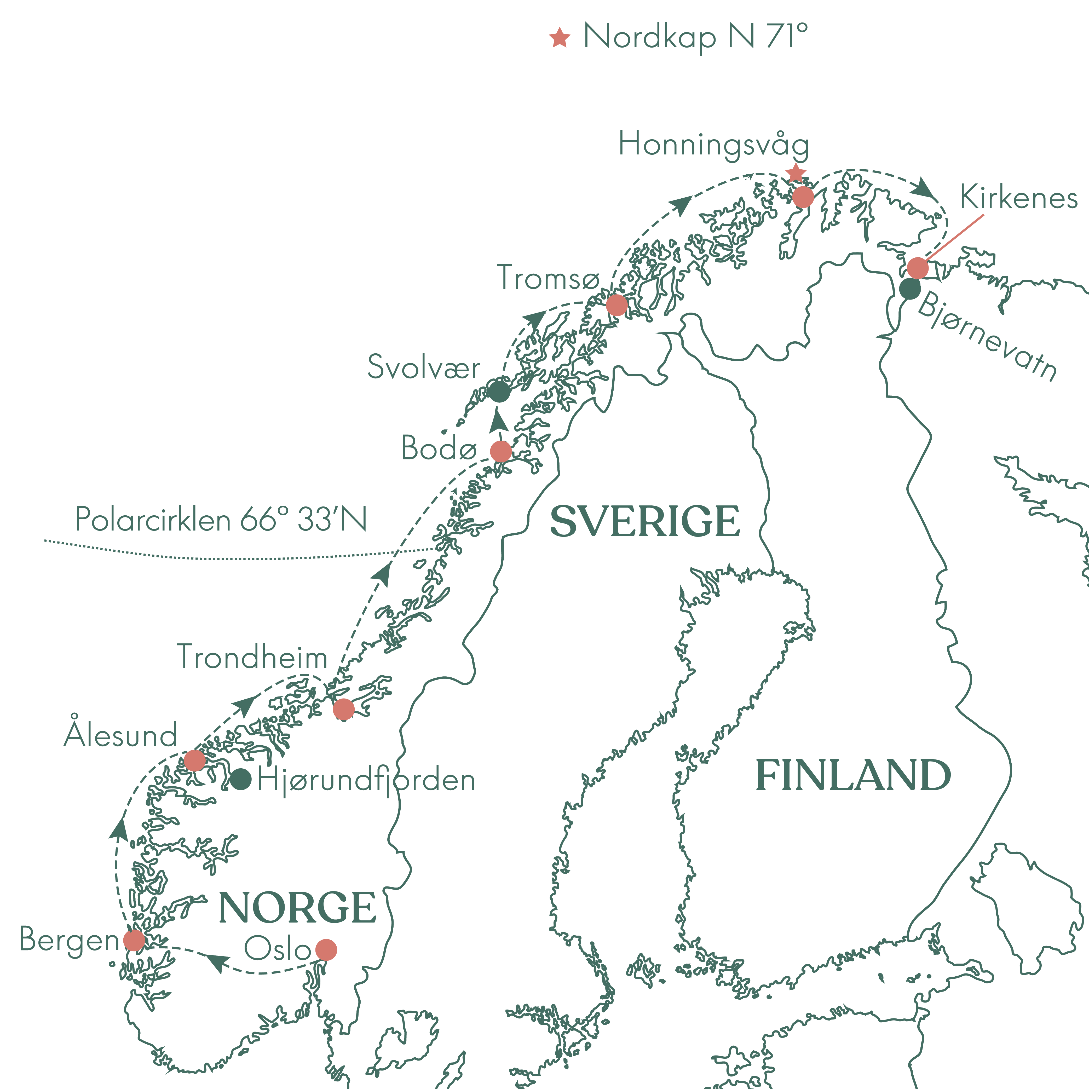 Kort over rejsen Hurtigruten - det bedste af Norge med tog, skib og fly med Vitus Rejser.