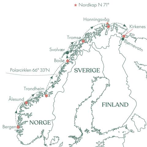 Kort over ruteplan på rejsen med Hurtigruten fra Bergen til Kirkenes med Vitus Rejser