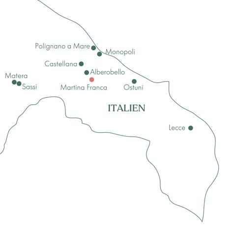 Kort over rejsen til Syditalien og Trulliland med Vitus Rejser.