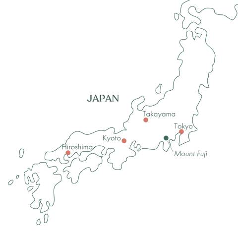 Kort over rundrejsen På opdagelse i Japan med Vitus Rejser.