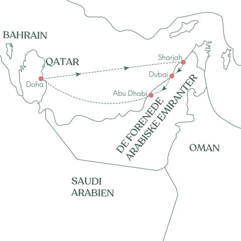 Kort over rejsen På opdagelse i De Arabiske Emirater med Vitus Rejser.