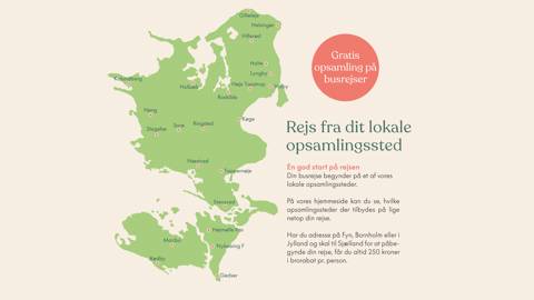 Kort over opsamlingssteder på Sjælland, Lolland og Falster med busrejser med Vitus Rejser.