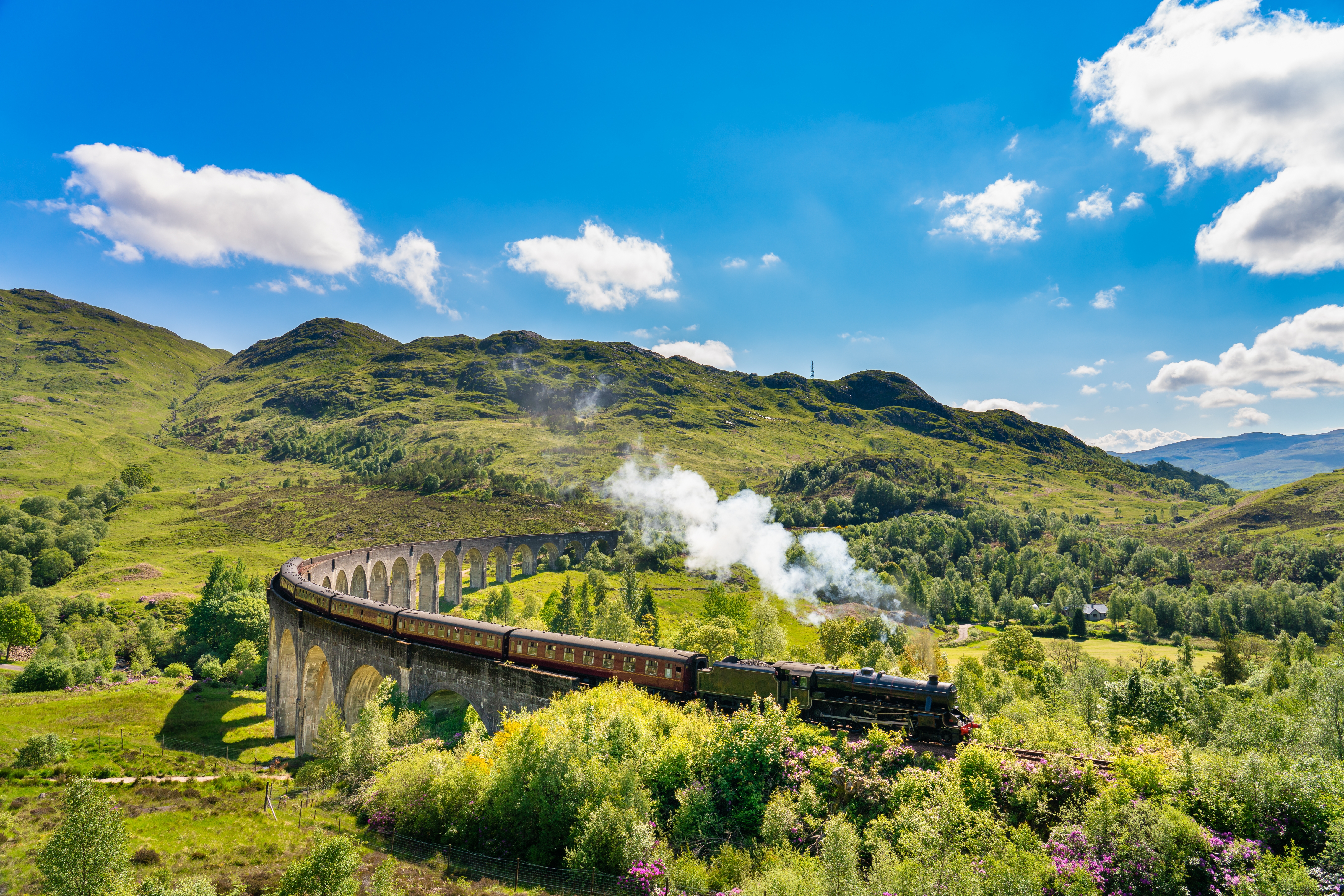 Damptog, der kører på Glenfinnan-viadukten i Skotland. 