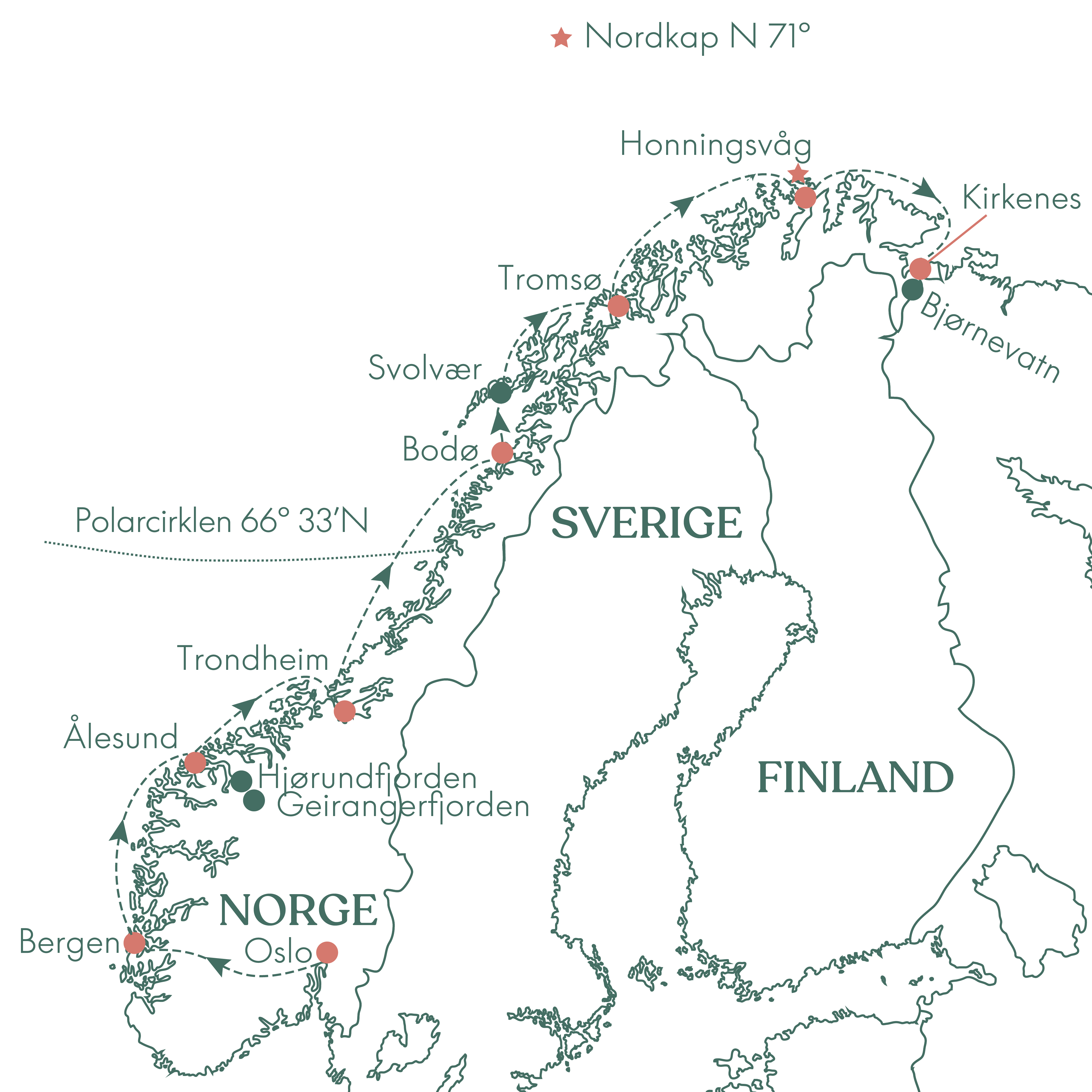 Kort over rejsen Hurtigruten - det bedste af Norge med tog, skib og fly med Vitus Rejser.