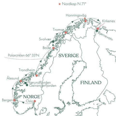 Kort over rejsen Hurtigruten - det bedste af Norge med tog, skib og fly med Vitus Rejser.