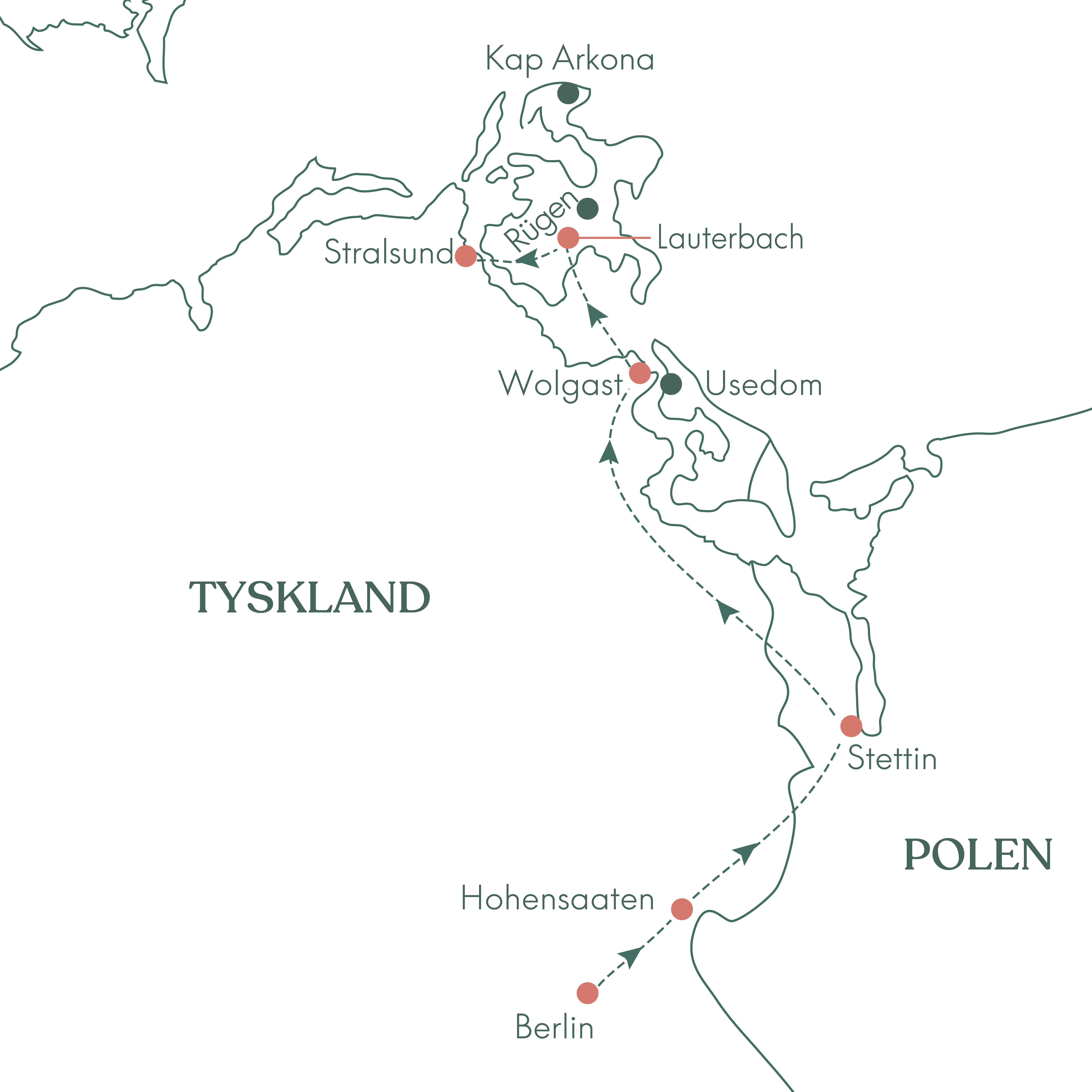 Rutekort over Tyskland og flodkrydstogtet fra Berlin til Stralsund. 