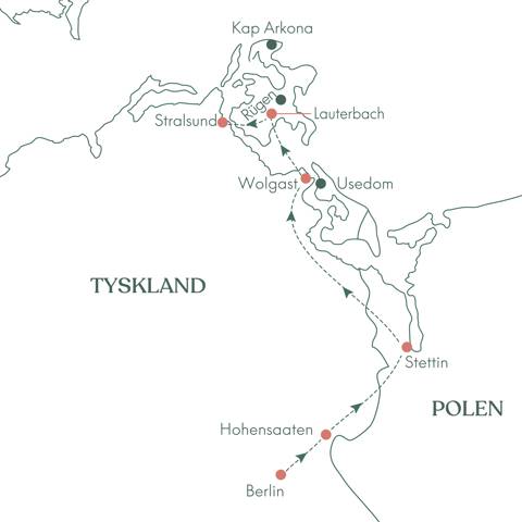 Rutekort over Tyskland og flodkrydstogtet fra Berlin til Stralsund.