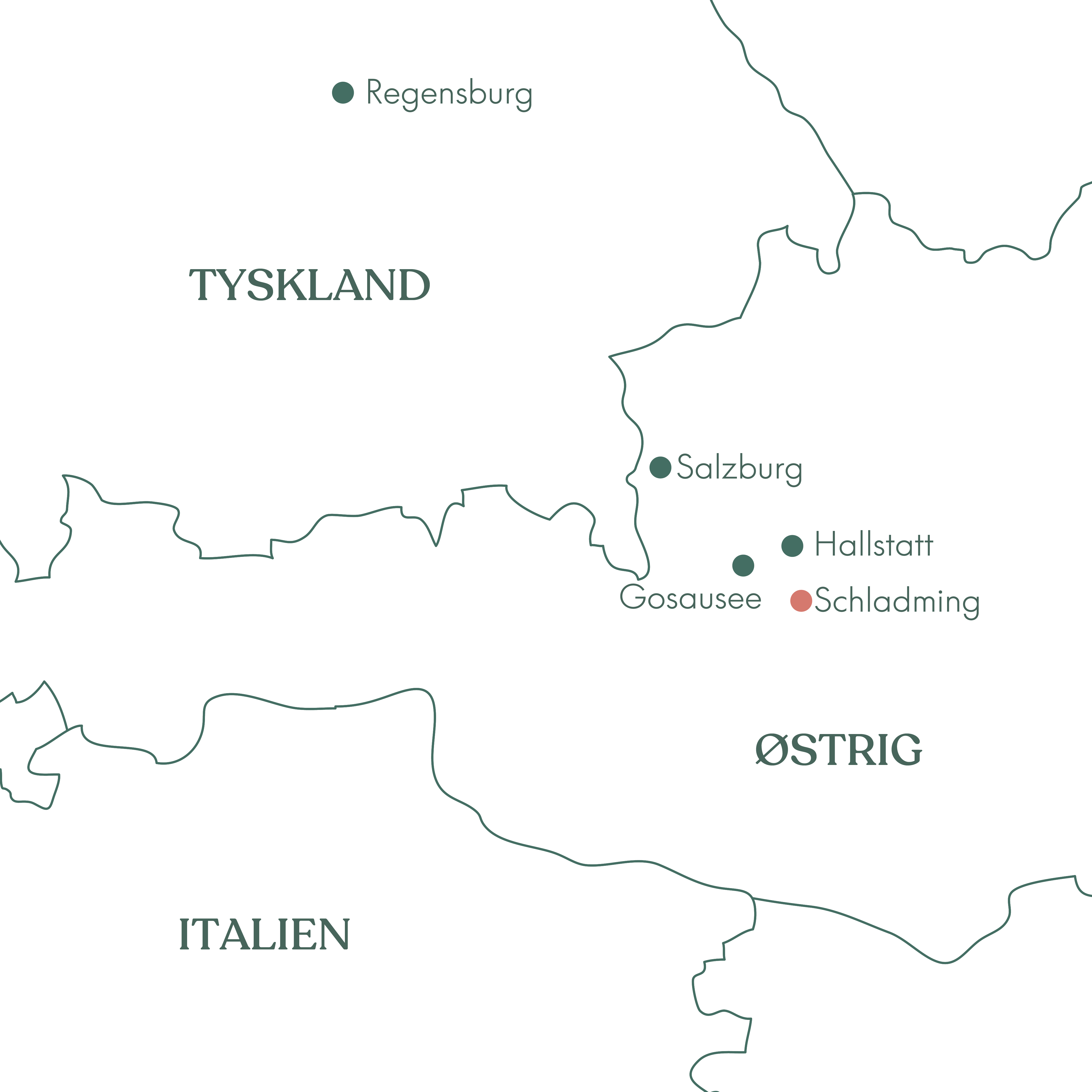 Rutekort over Vitus Rejsers "I ro og mag"-rejse: Schladming · Steiermark.