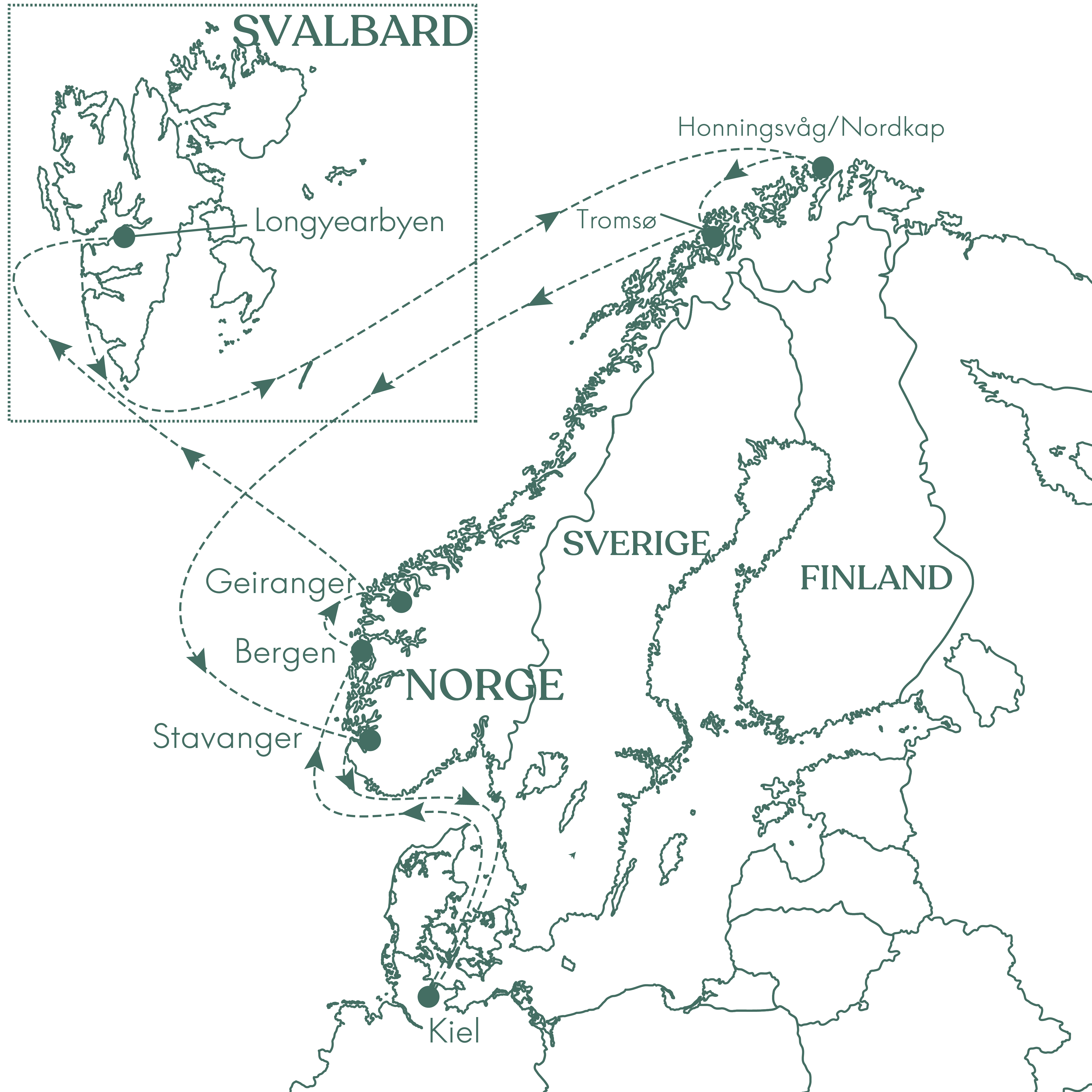 Rutekort over krydstogtet til Nordkap og Svalbard med Vitus Rejser.