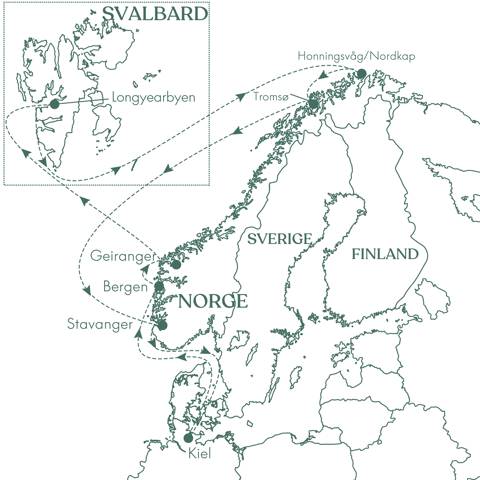 Rutekort over krydstogtet til Nordkap og Svalbard med Vitus Rejser.
