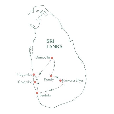 Kort og ruteplan til rejsen På opdagelse i Sri Lanka med Vitus Rejser.