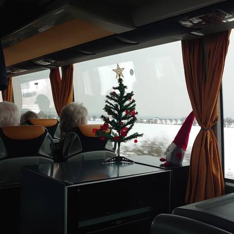Lille juletræ og en nisse pynter i bussen mens rejsen går sydover til julestemning Tyskland.