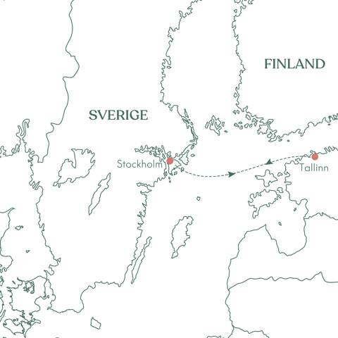 Kort over rejsen Togrejse · Stockholm med minikrydstogt til Tallinn med Vitus Rejser.