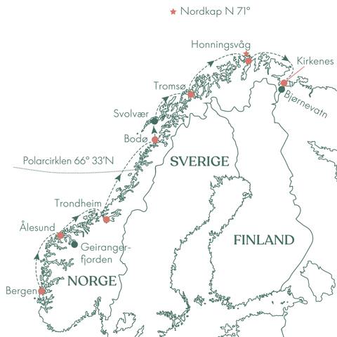 Kort over ruteplan på rejsen Midnatssol med Hurtigruten fra Bergen til Kirkenes med Vitus Rejser.