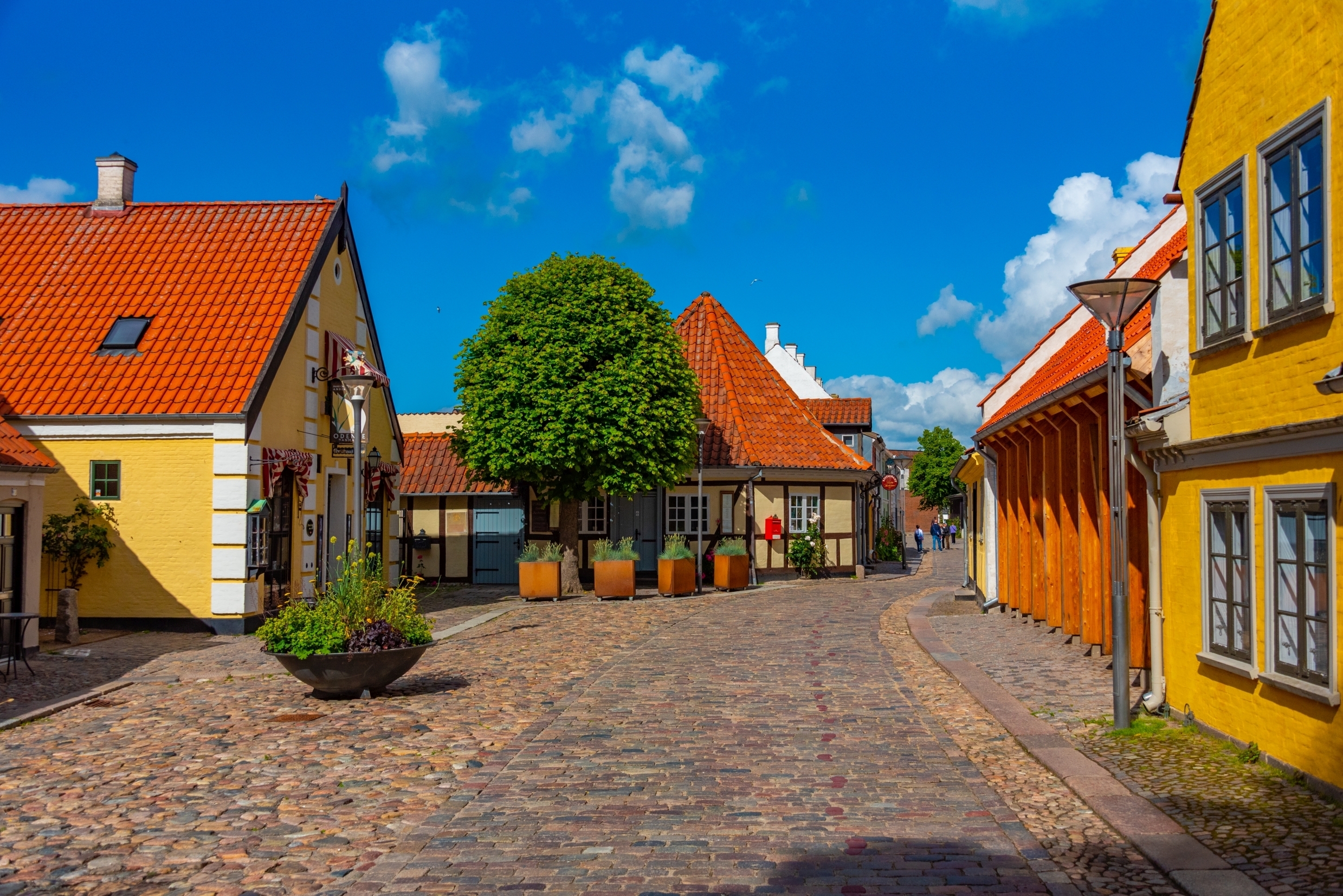 Odense med brostensbelagte gader .