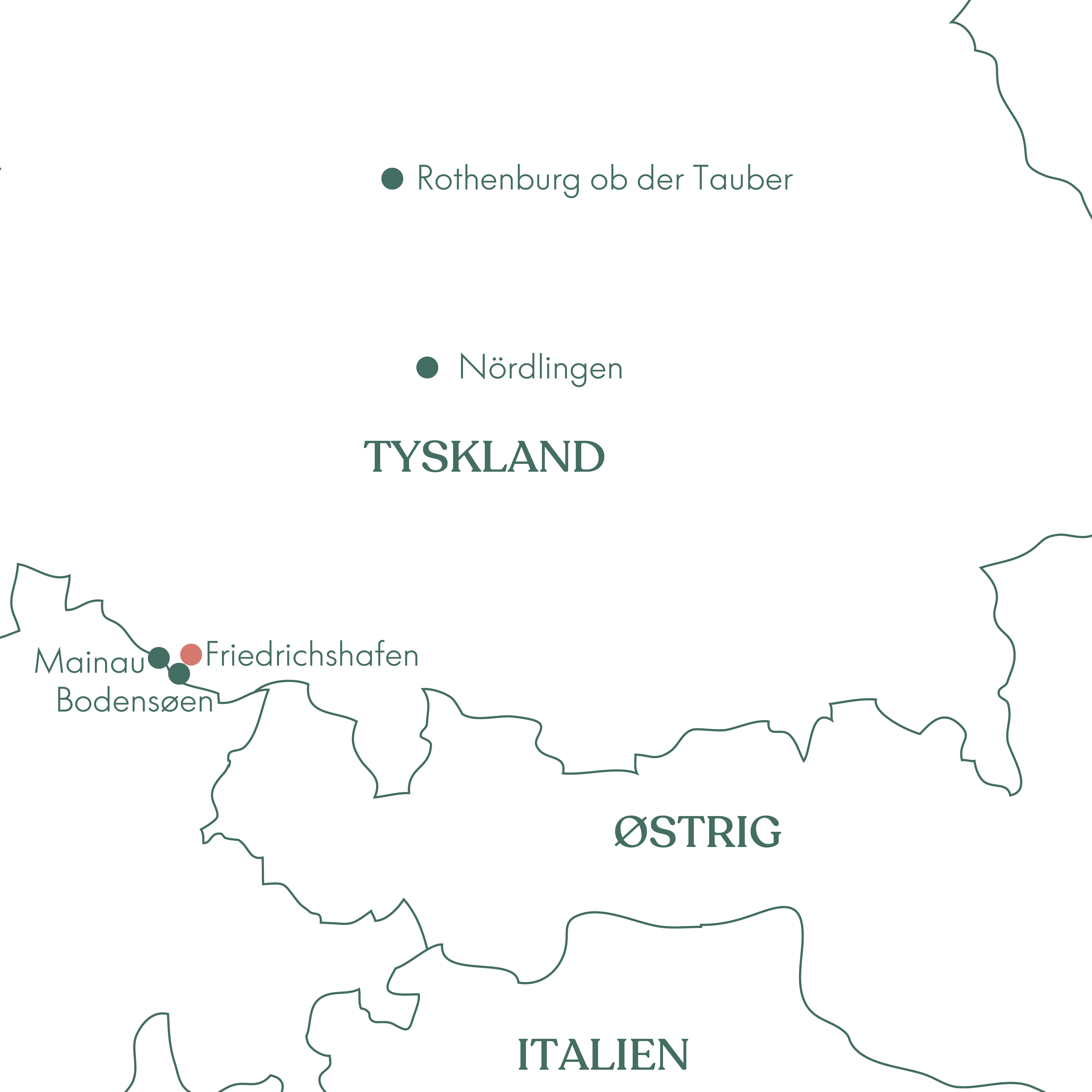 Rutekort over Tyskland og rejsen til Bodensøen og Friedrichshafen med Vitus Rejser. 