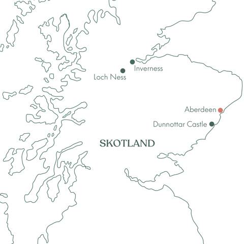 Rutekort over Skotland og Vitus Rejsers singlerejse til Aberdeen og Loch Ness.