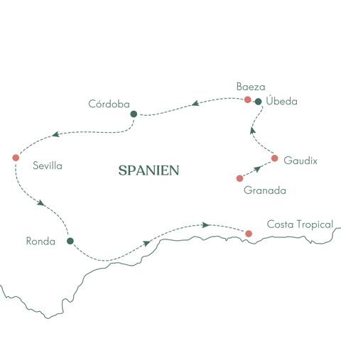 Rutekort over rejsen På Opdagelse i Andalusien i 2024.