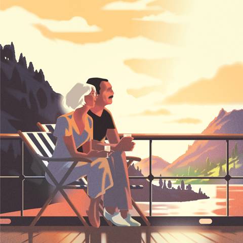 Illustration, der forestiller to personer, der nyder solnedgangen fra soldækket på et skib.