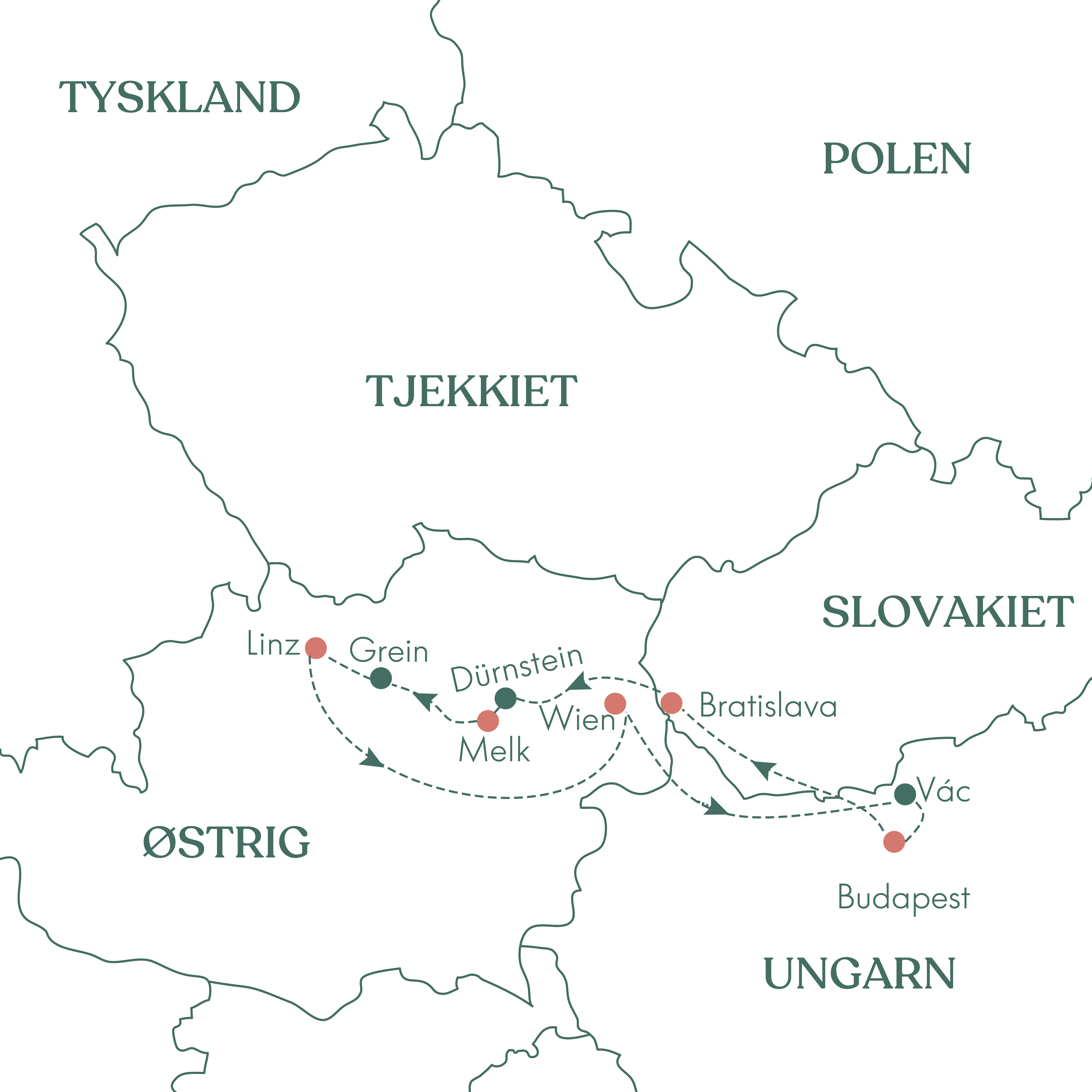 Kort over flodkrydstogt på Donau fra Wien til Wien med Vitus Rejser.