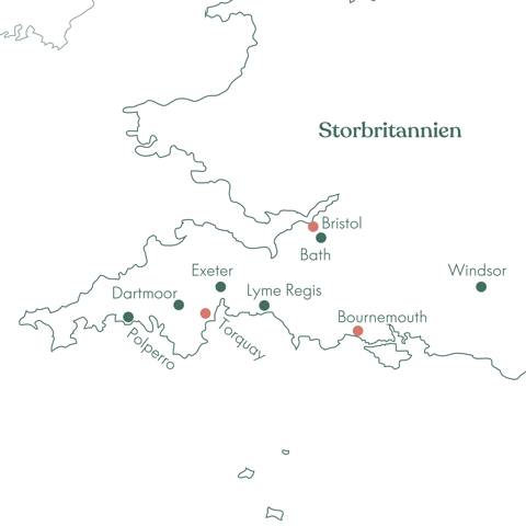 Kort over rejsen til Sydengland · Cornwall, Devon & Bath med Vitus Rejser.