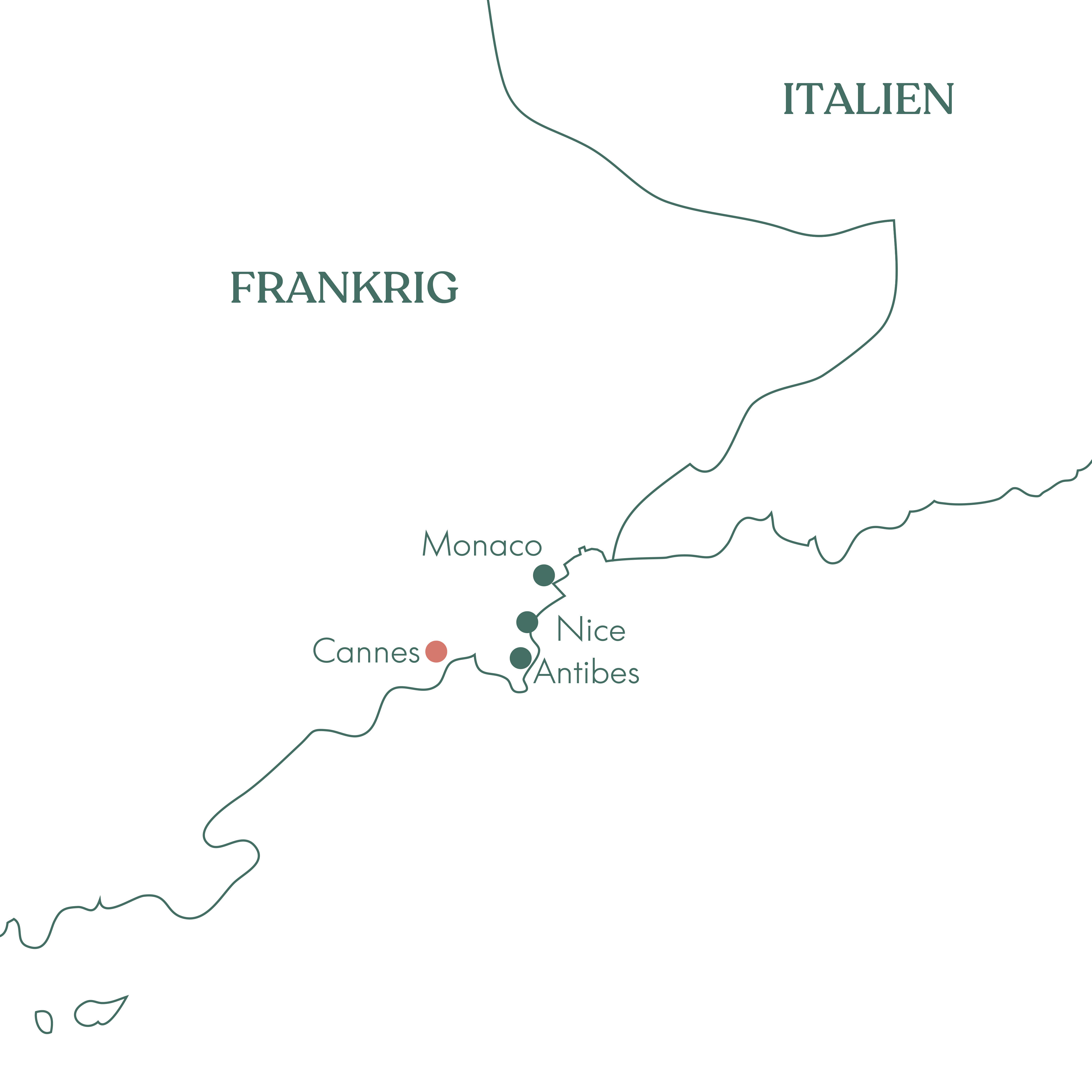 Rutekort over Frankrig og rejsen til den franske riviera og Cannes med Vitus Rejser.