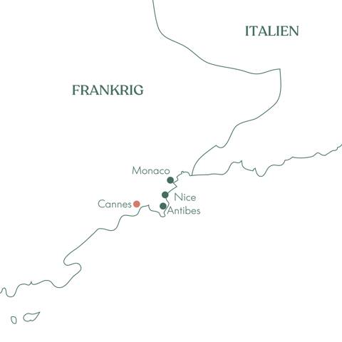 Rutekort over Frankrig og rejsen til den franske riviera og Cannes med Vitus Rejser.