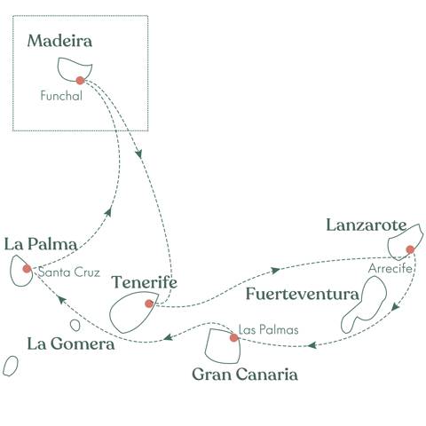 Kort over rejsen Krydstogt ved De Kanariske Øer og Madeira med Vitus Rejser.