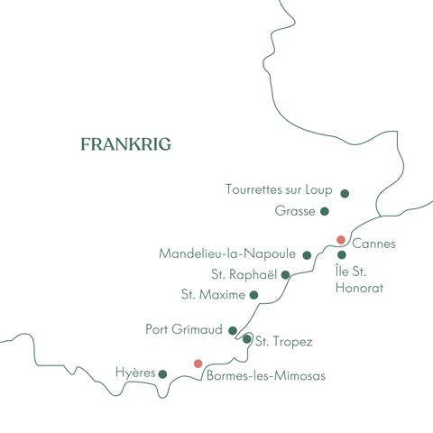 Kort over rejsen Mimosevandring ved Den Franske Riviera med Vitus Rejser.