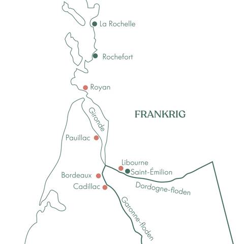 Kort over ruteplan for Flodkrydstogt ved Bordeaux med Vitus Rejser.