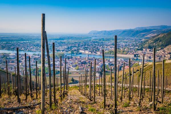 Udsigten fra Hermitage-højen ned over Tain-l'Hermitage ved Rhône-floden i Frankrig.