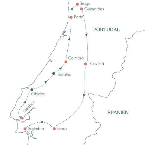 Kort og ruteplan for rejsen På opdagelse i Portugal med Vitus Rejser.