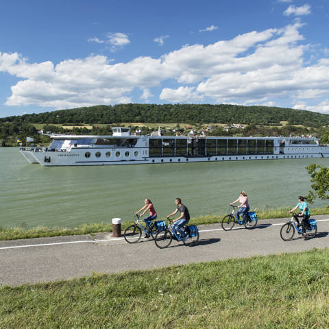 Cyklister kører på en cykelsti langs flodbredden på rejsen Cykelkrydstogt på Donau med MS Primadonna.