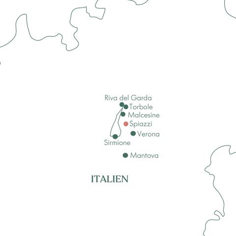 Kort over ruteplan på rejsen Gardasøens Bagland med Vitus Rejser.