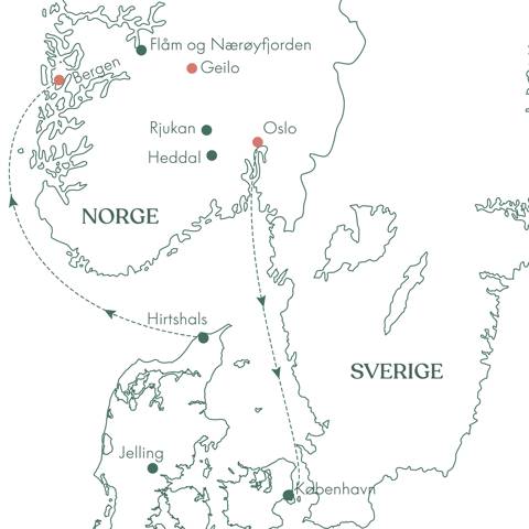 Kort over rundrejsen Norge i en nøddeskal med Vitus Rejser.