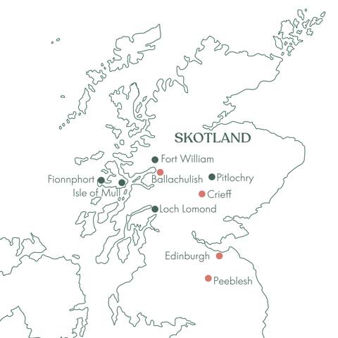 Kort over rejsen Skotland · Højlandet, Hebriderne & Edinburgh med Vitus Rejser.