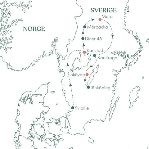 Rutekort over Sverige og rejsen til Dalarna - Sverige Vugge med Vitus Rejser.