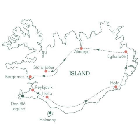 Kort over rundrejsen På opdagelse i Island med Vitus Rejser.
