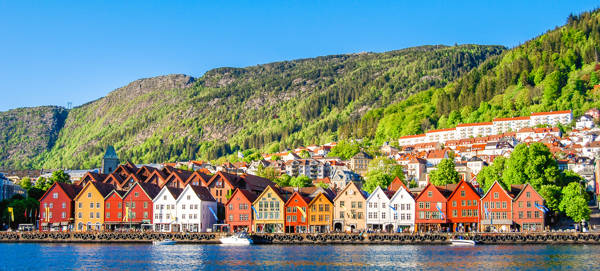 Bryggen i Bergen set fra vandsiden.