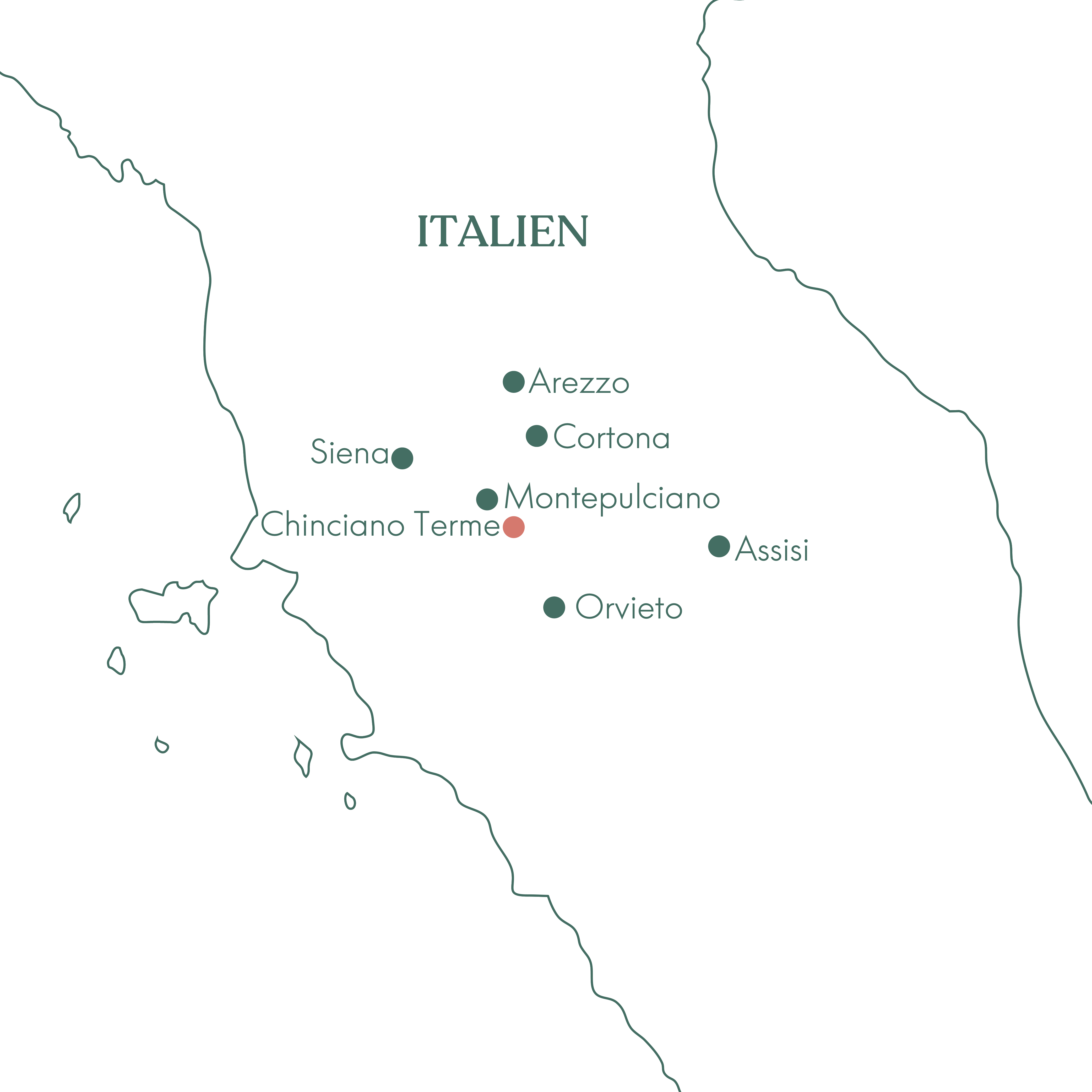 Rutekort over Toscana og Umbrien.