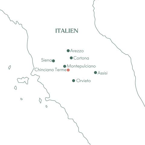 Rutekort over Toscana og Umbrien.