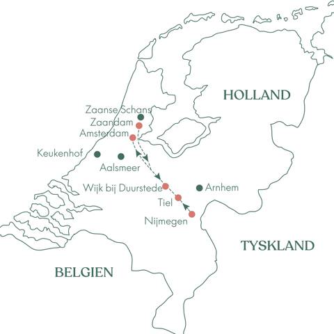 Kort og ruteplan på blomsterkrydstogt i Holland med Vitus Rejser.