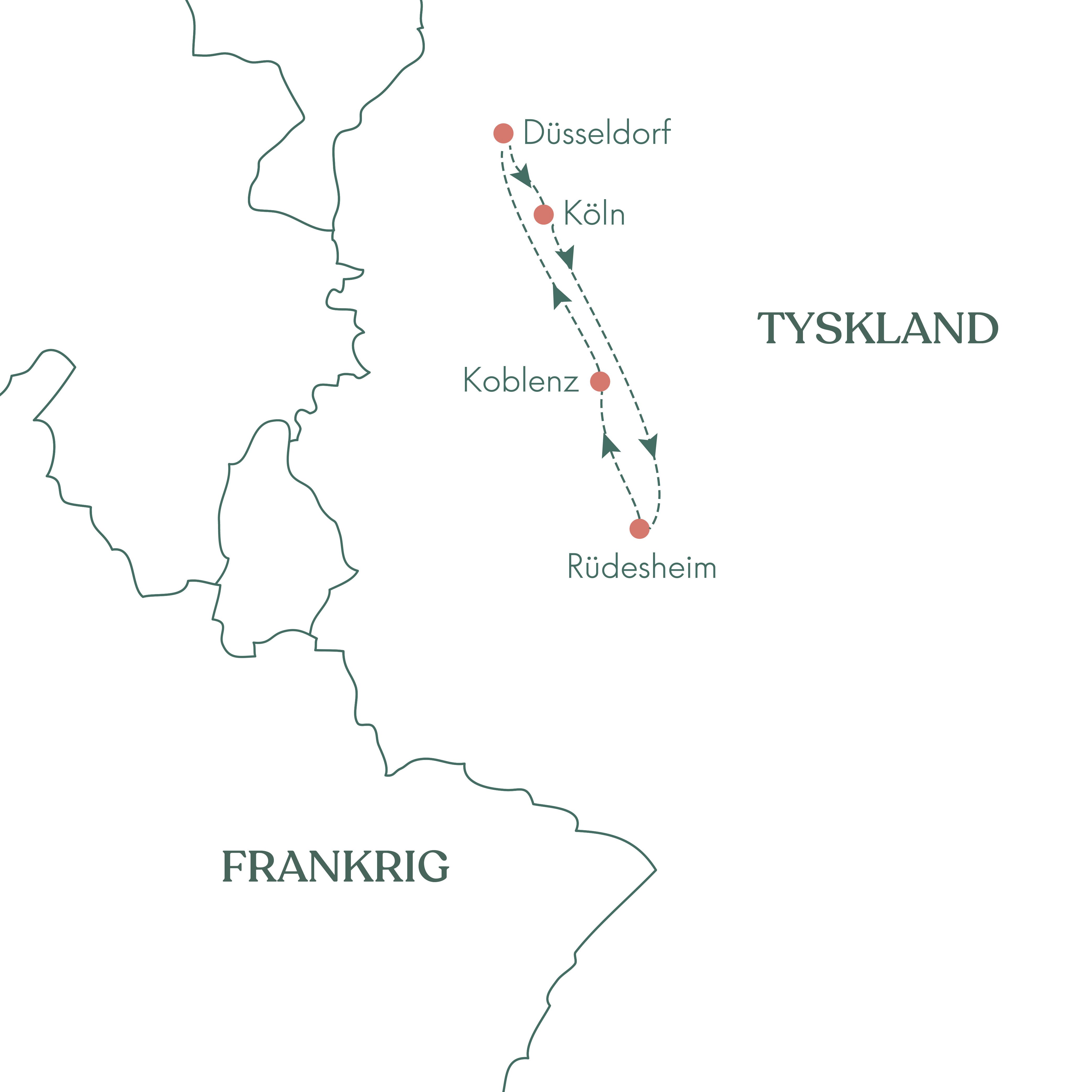 Rutekort over Vitus Rejsers Nytårskrydstogt på Rhinen med MS Leonora.