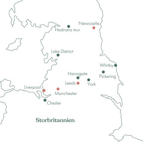Kort over rundrejsen På opdagelse i Nordengland med Vitus Rejser.