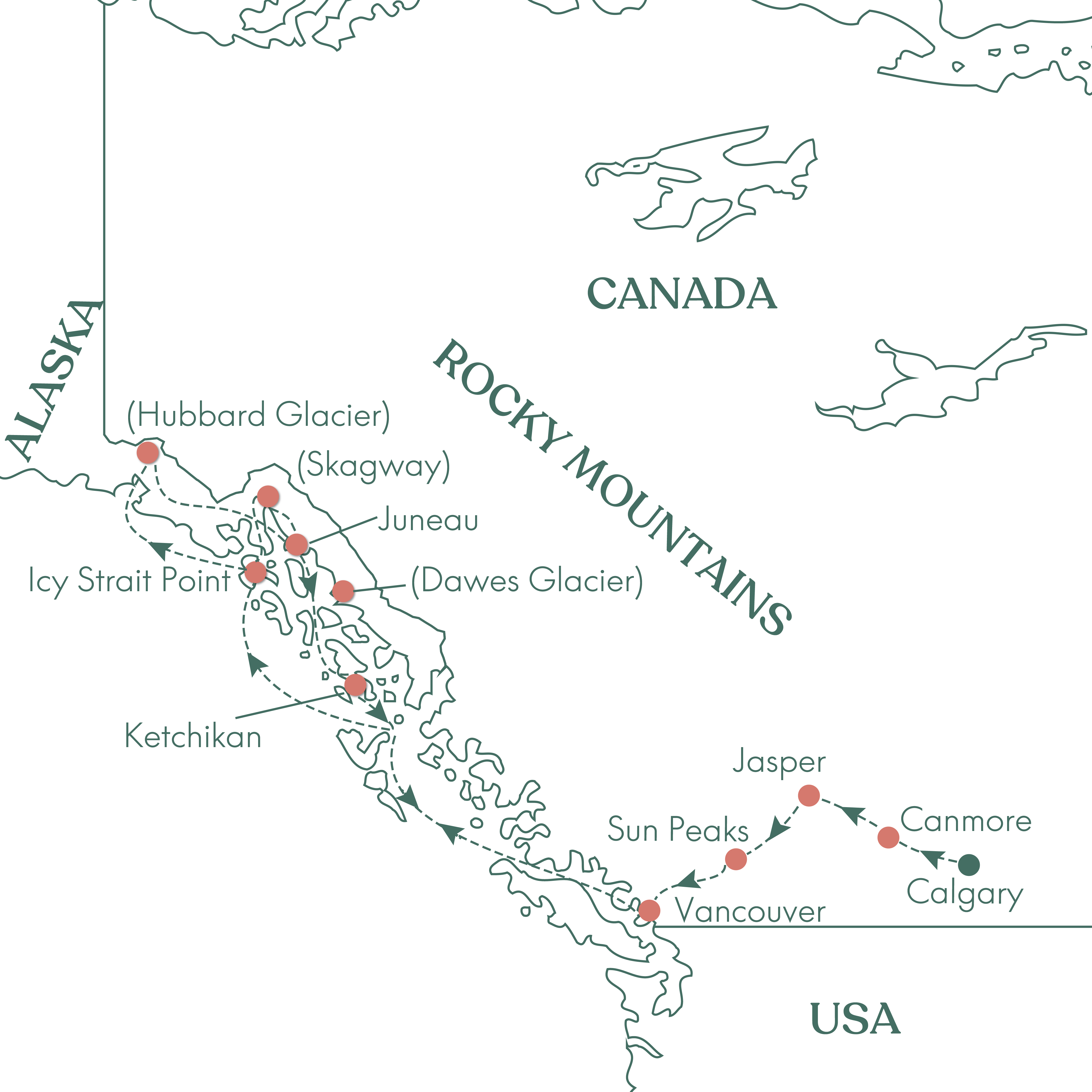Kort over rejsen til Rocky Mountains & Krydstogt til Alaska med Vitus Rejser.