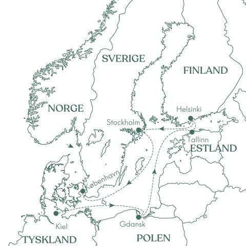 Kort over ruteplan for Krydstogt i Østersøen med Vitus Rejser.